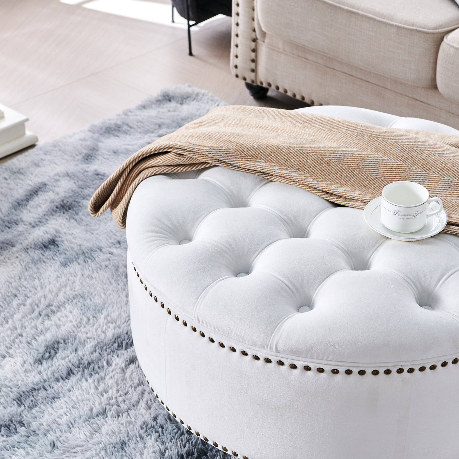 Round white ottoman with storage discount