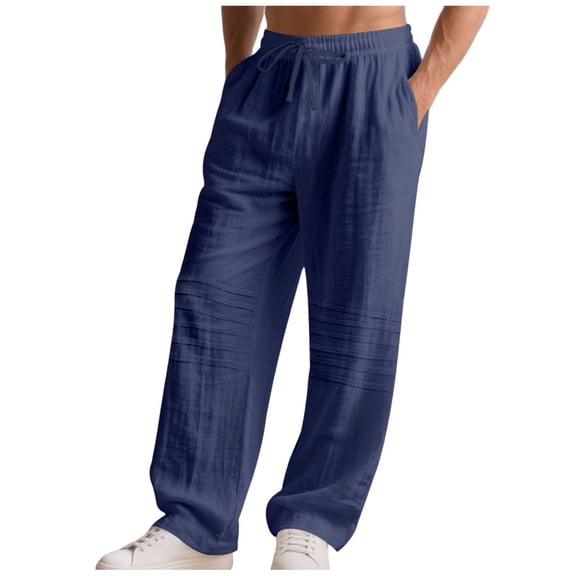 Lzobxe Mens Pants Cotton Linen Summer Thin Style Casual Straight Leg Tie String Drawstring Long with Pockets,Size S-3XL