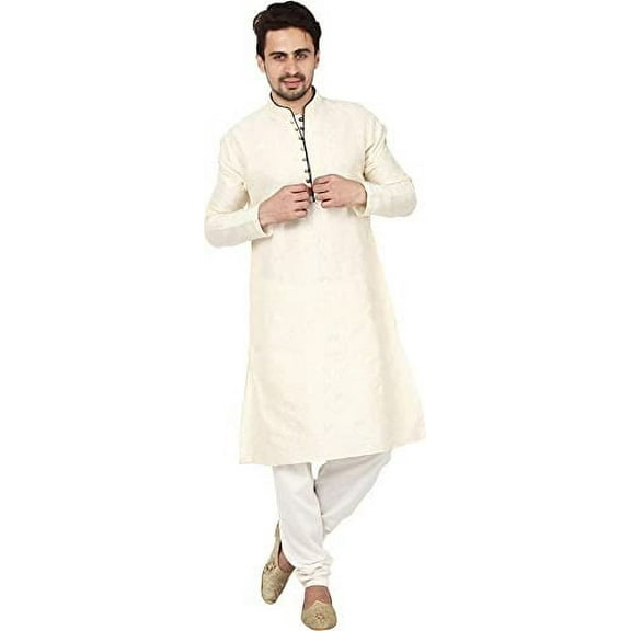 Royal Kurta Men's Jacquard Silk Floral Kurta Pyjama Beige