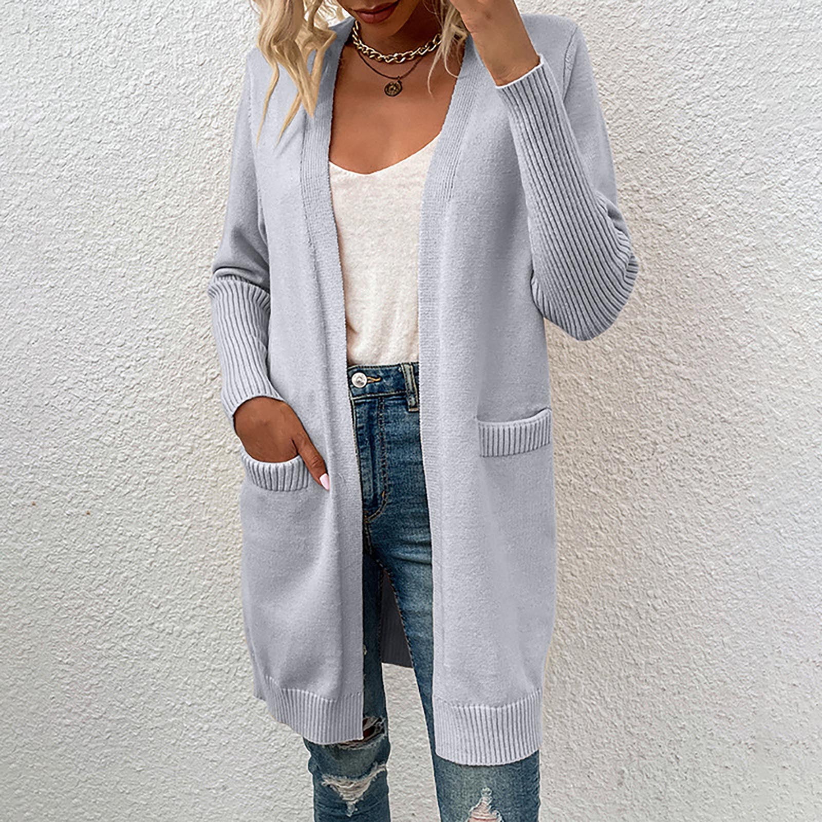 HAPIMO Rollbacks Sweater Cardigans for Women Open Front Knitted Jacket  Womens Solid Loose Pocket Outwear Casual Comfy Girls Fall Fashion Tops Long