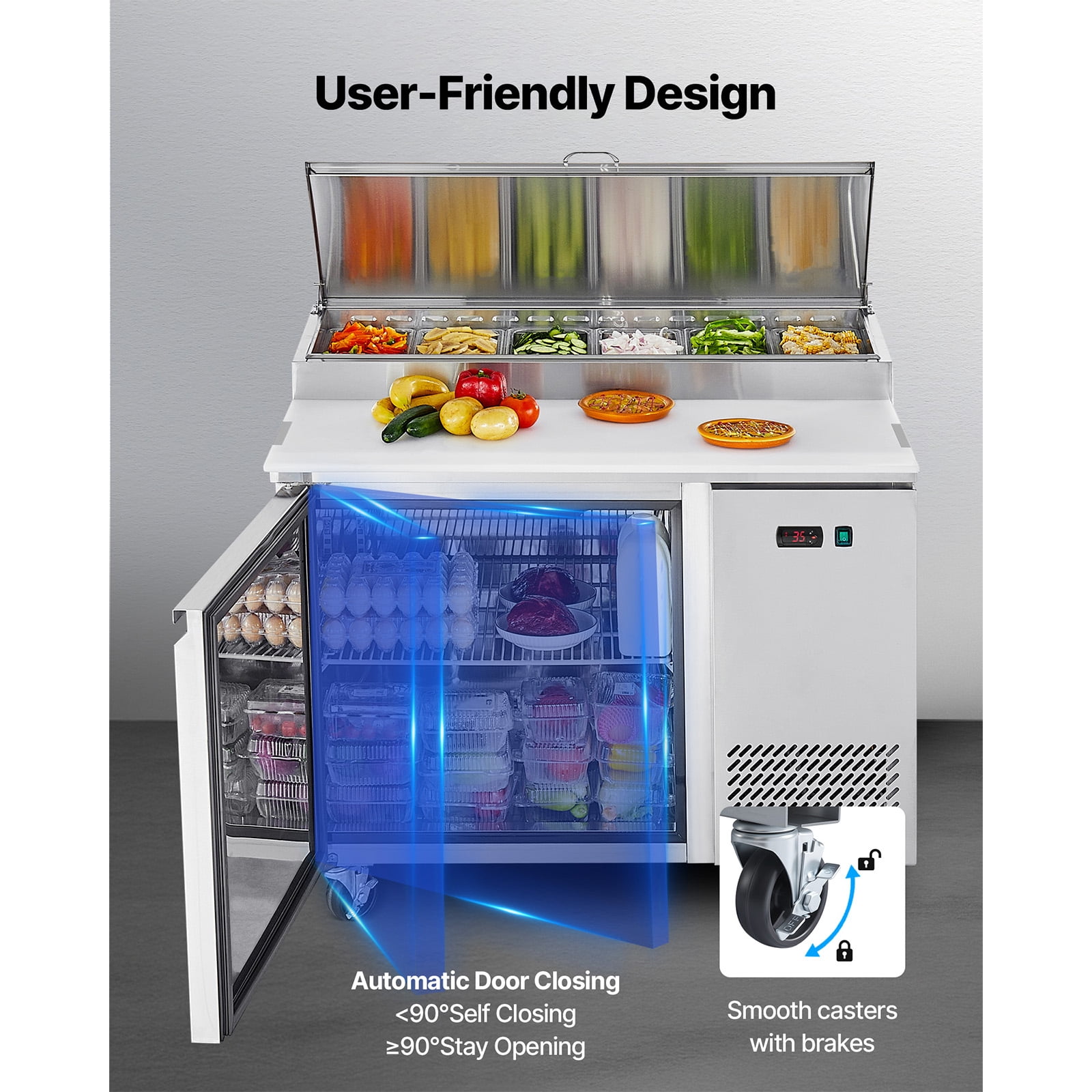 KFFKFF Commercial Refrigerator, 44" W Pizza Prep Table with Refrigeration, 20" Wide Countertop Food Prep Station, 11 Cu.Ft Single Door Salad Fridge, 6 Pans Worktop with Cutting Board