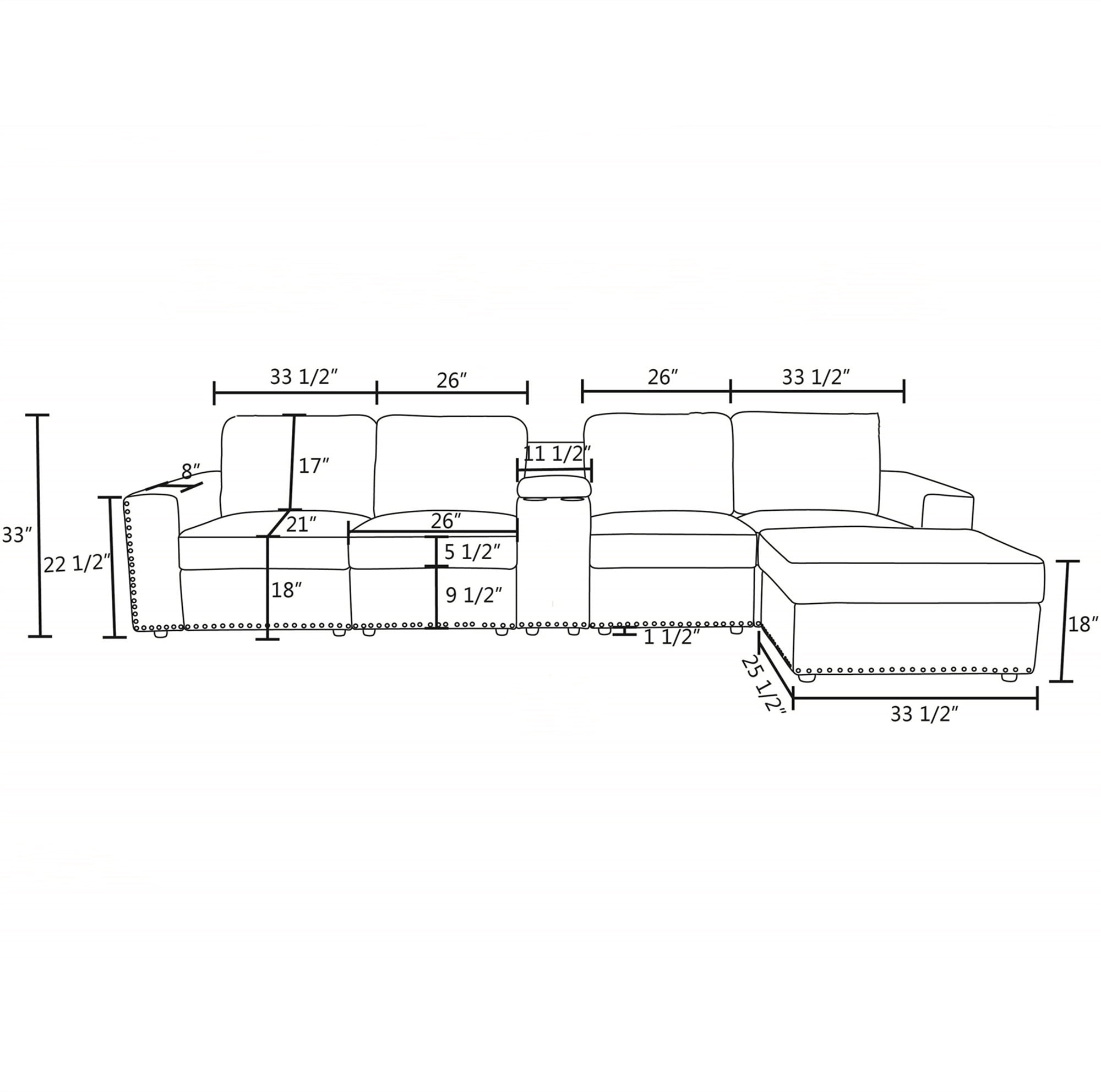 Aukfa 130" Oversized Sectional Sofa w/ Cupholder & Console 4 Seat Couch with Ottoman for Living Room, Gray