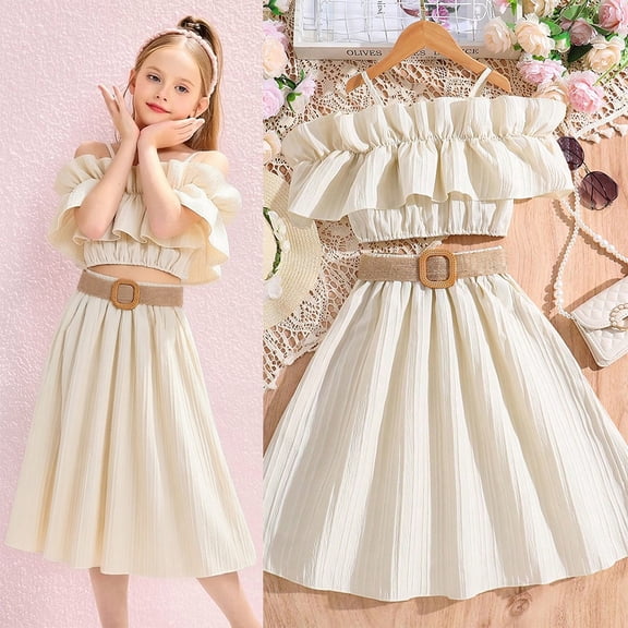 8-12Y Children Summer Clothes For Girls Off-Shoulder Camisole Top Belted Pleated Skirt 3pcs Kids Girls Outfit Sets With Skirts