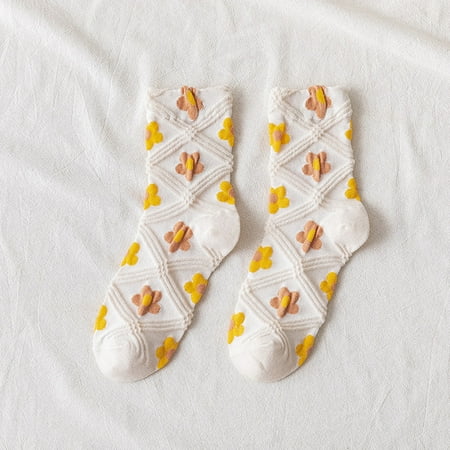 

Uorcsa Pattern Fashion Retro Academic Style Flower Lovely Cotton Middle Tube Socks Beige