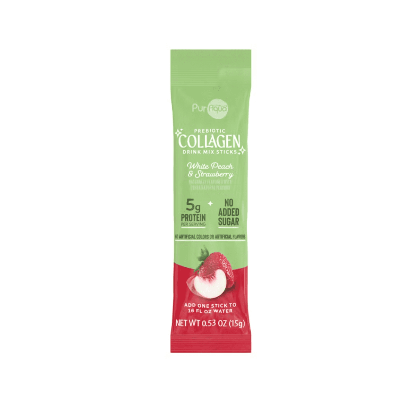 PurAqua Prebiotic Collagen White Peach Strawberry Flavored Drink Mix Sticks 3.18 oz , 2 Pack + Bonus
