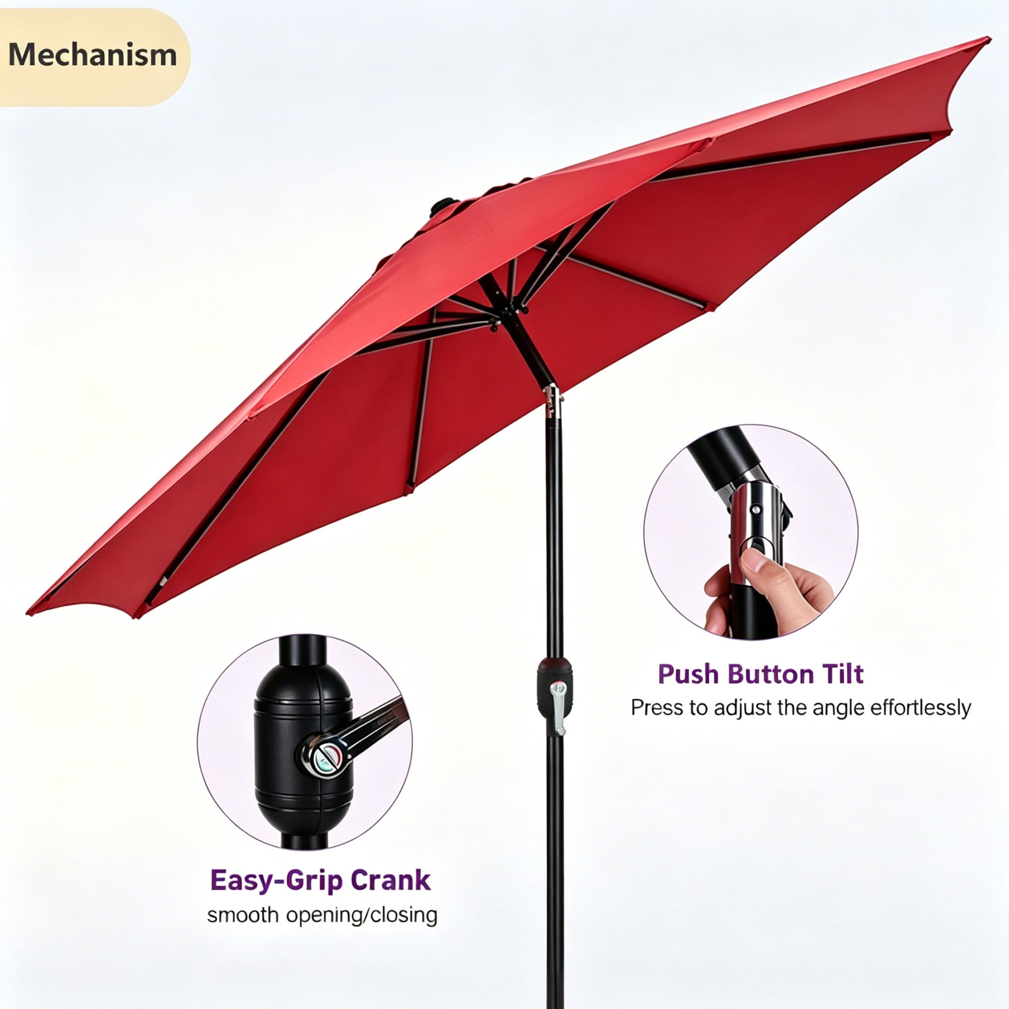 Kool 9 Ft Patio Market Umbrella , 8 Ribs with Push Button Tilt and Crank, Red