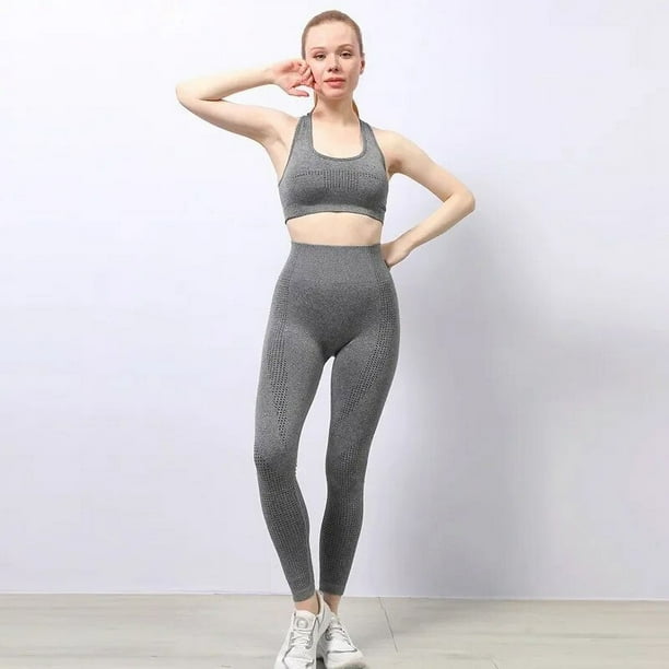 Conjunto de dos piezas de mallas y Top corto para mujer, conjuntos de ropa de Yoga, trajes de entrenamiento sin costuras de cintura alta, trajes de entrenamiento para Fitness, ropa de gimnasio