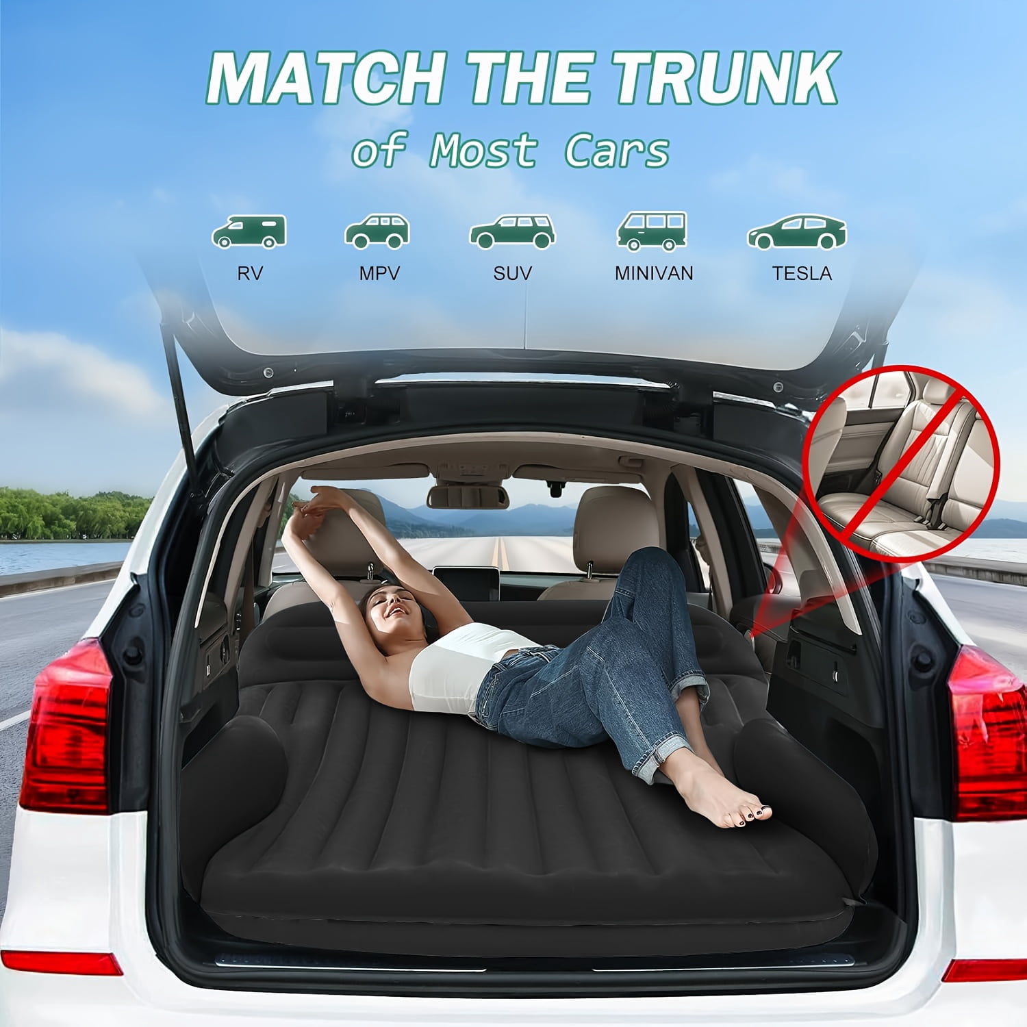 Generic  Car Rear Seat Inflatable Mattress Thickened Flocked Anti-Leak Travel Bed for SUV Truck MPV Road Trip Camping