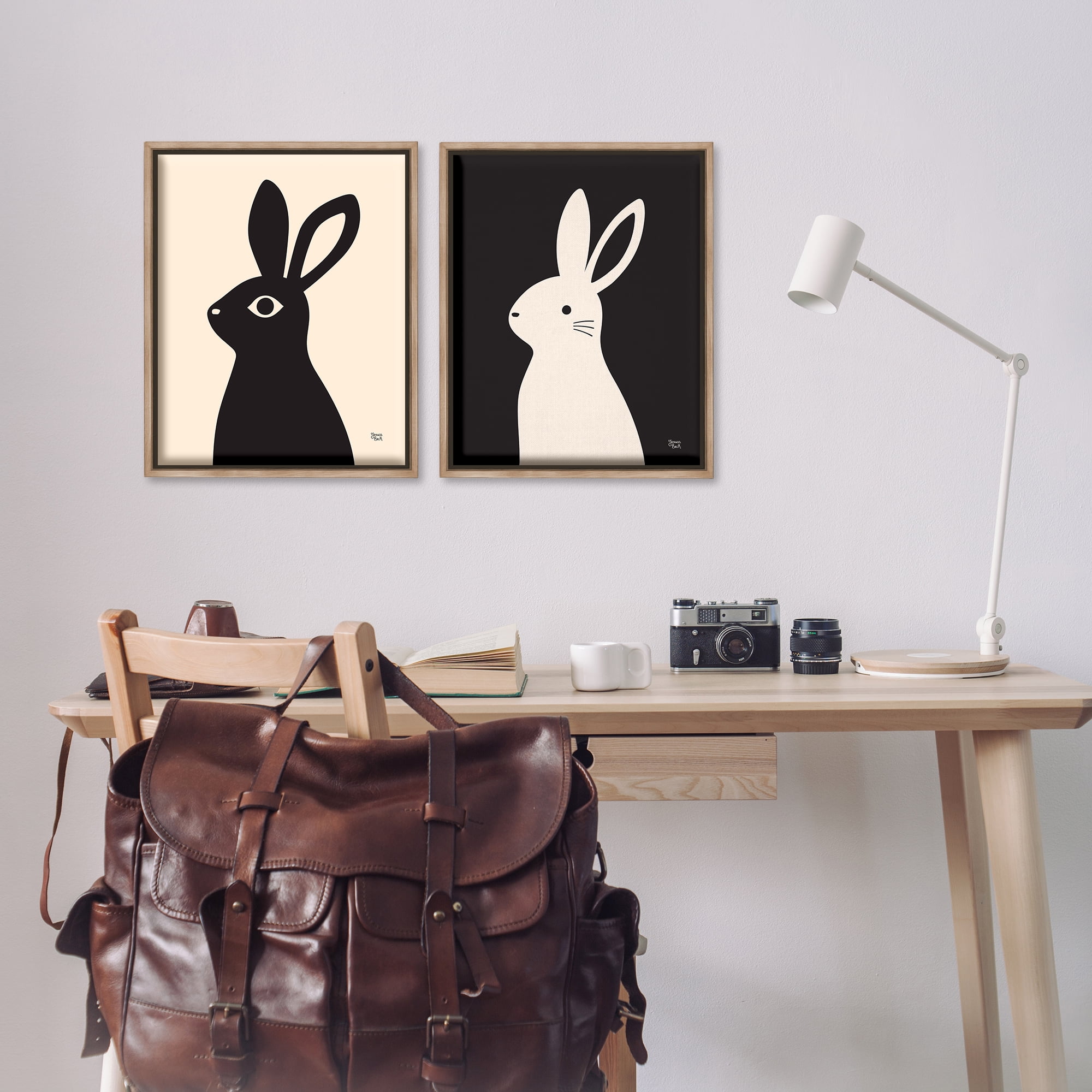 Stupell Industries Cream & Black Rabbits Animals Painting Brown Floater Framed Canvas Art Print Wall Art, 17 x 21, Set of 2