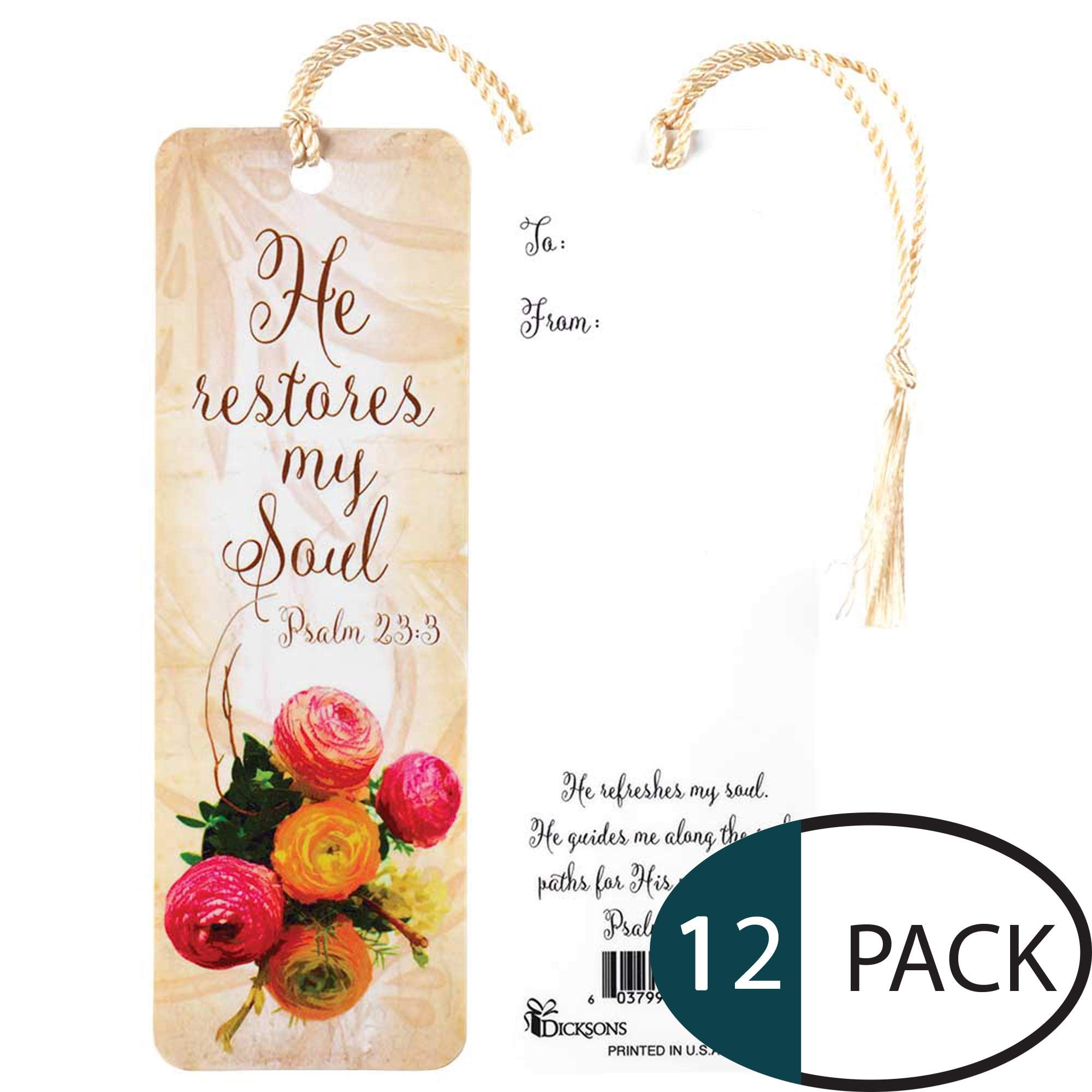 Restores My Soul Floral Pattern Cream Cardstock Tassel Bookmark Tags, Pack of 12