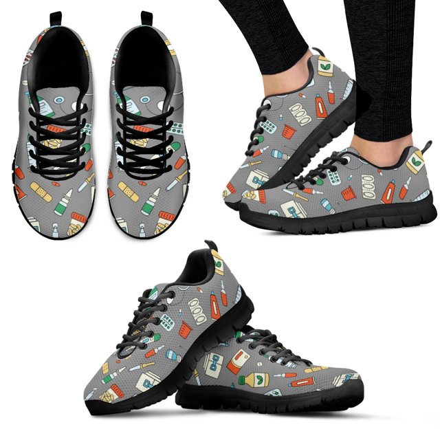 Zapatos de verano cómodos y transpirables con estampado de suministros médicos, suela negra, ligeros e informales, planos para mujer