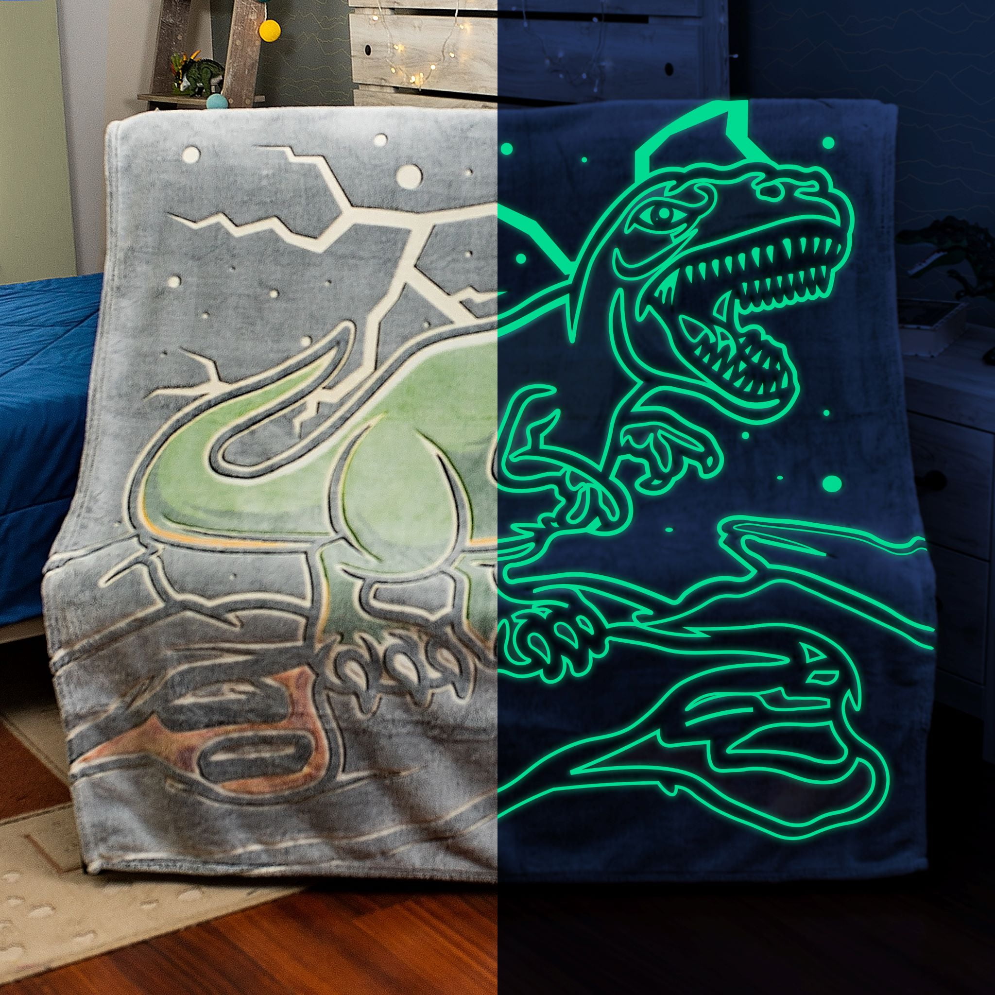 Glowing Snuggles Glow in the Dark Dinosaur T-Rex Throw Blanket (Copyrighted Design- Patent Pending)