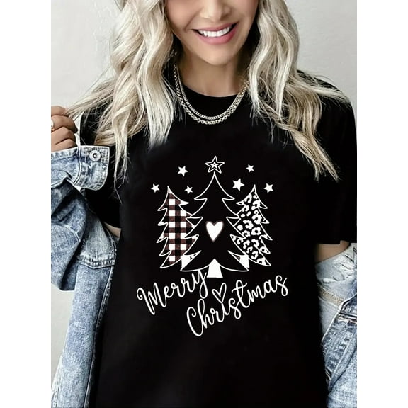 Christmas Trees Print Merry Christmas Shirt Short Sleeve Shirts for Women Black One-Piece
