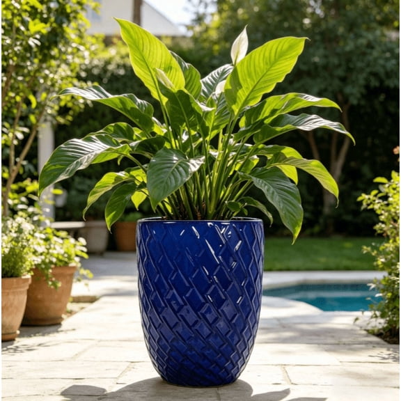 WRXELAN Large Ceramic Planter Pot 21 Inch, Tall Plante Pots Decorative Flower Pot with Diamond Textured Pattern and Drainage for Indoor Outdoor Plants (Dark Blue)
