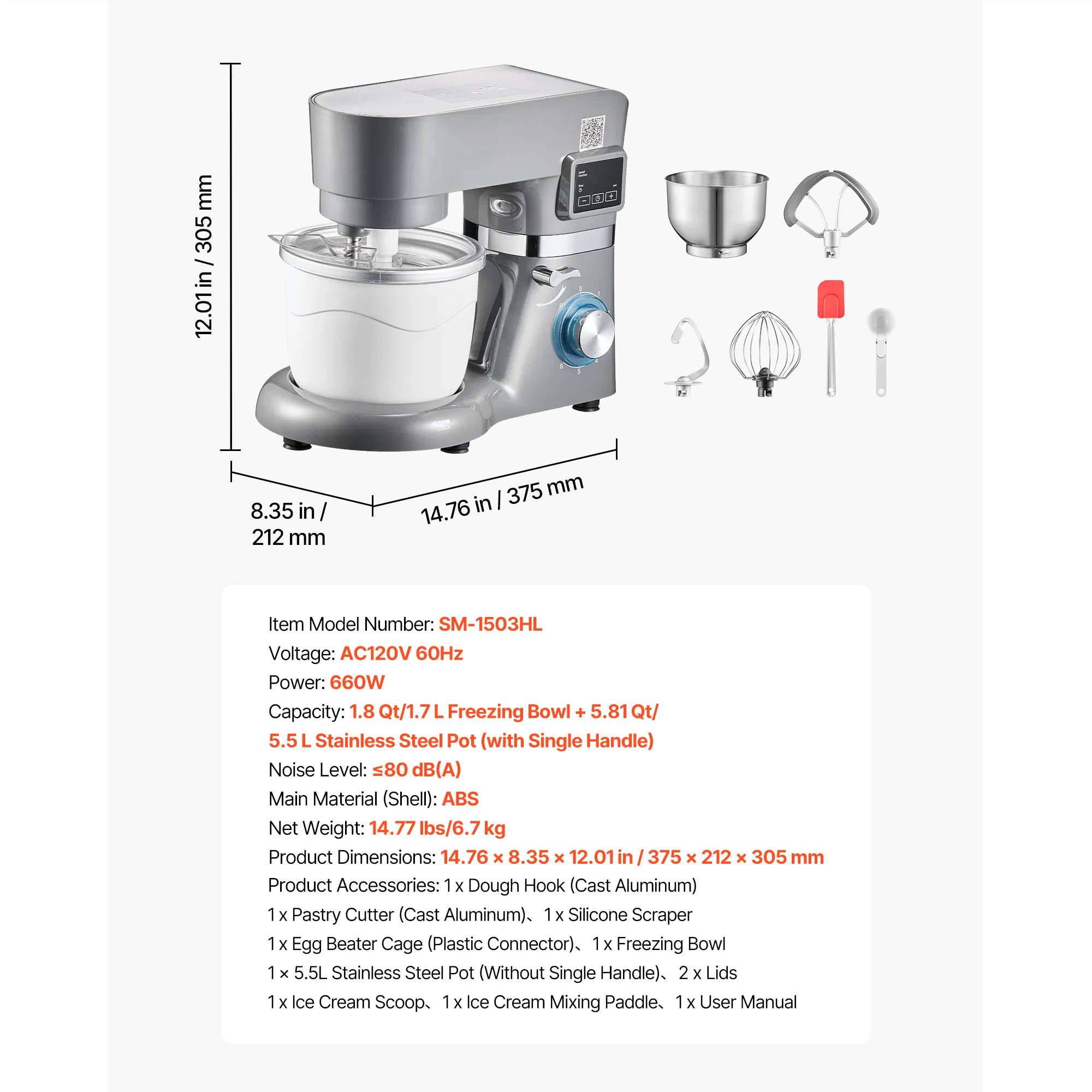 1.8 Qt Ice Cream Maker with 6-Speed Electric Stand Mixer LED Display Timer Mixing Paddle Dough Hook for Homemade Frozen Desserts Grey