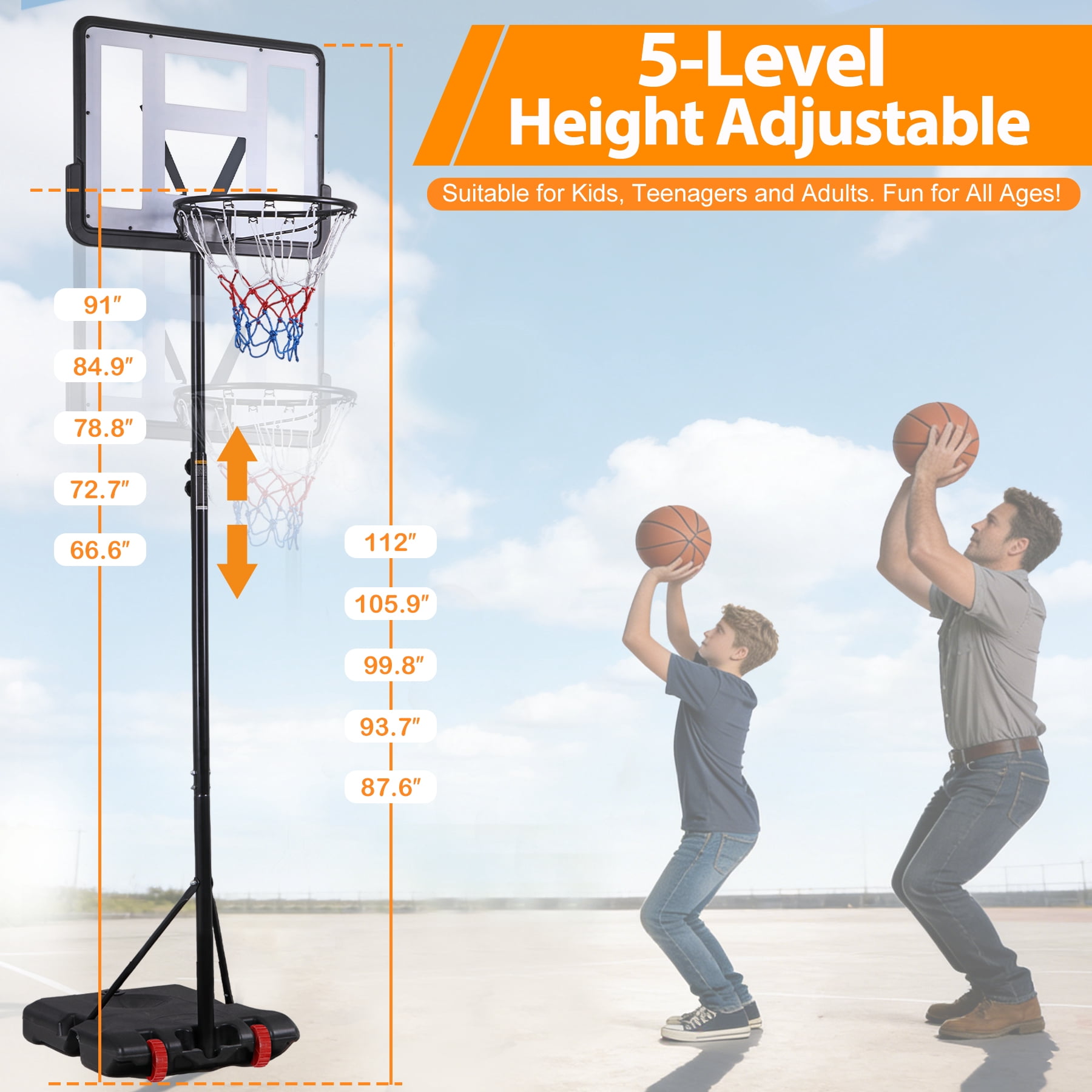 ZenSports 7.2-9.2ft Basketball Hoop System Height Adjustable PVC Backboard for Adult Kids