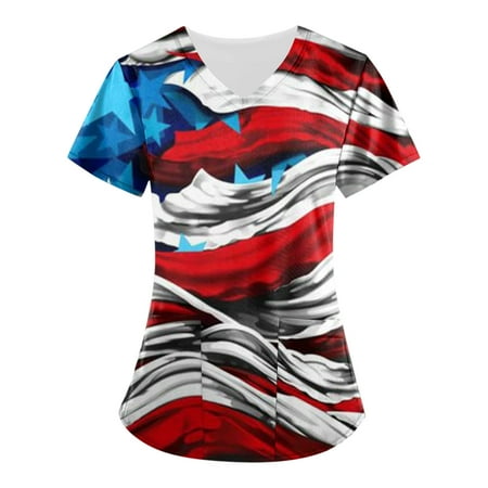 

Sksloeg Scrub Tops American Flag Star Print Patriotic Tops Nursing Working Uniform Short Sleeve V-Neck T-Shirts with Pockets Wine XL