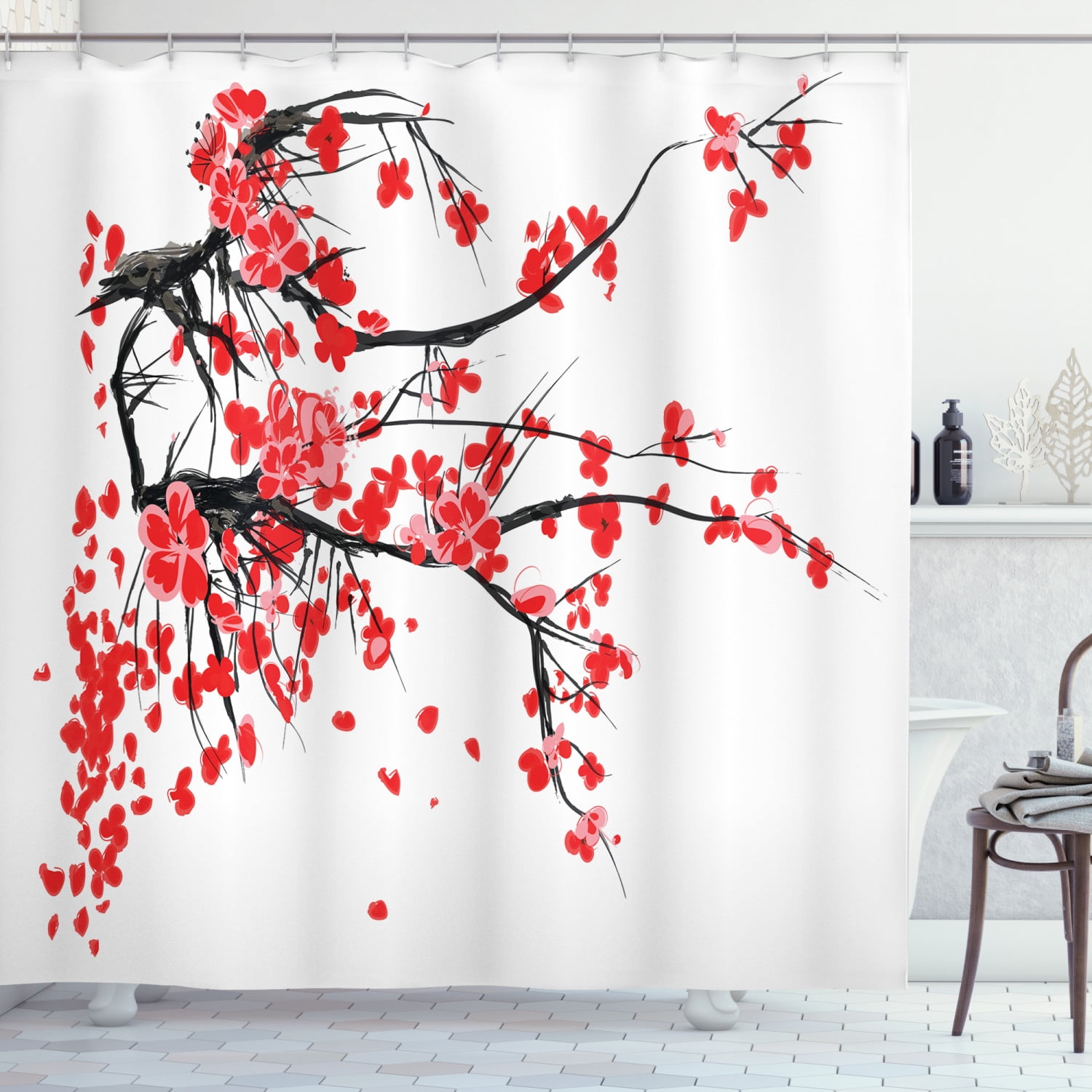 Floral Shower Curtain, Japanese Cherry Blossom Sakura Blooms Branch