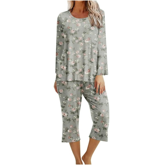 WREESH Womens Pajama Sets Printing Round Neck Short Sleeve Sleepshirt And Pants Two Piece Sets S Loungewear Pajamas With Pockets Green