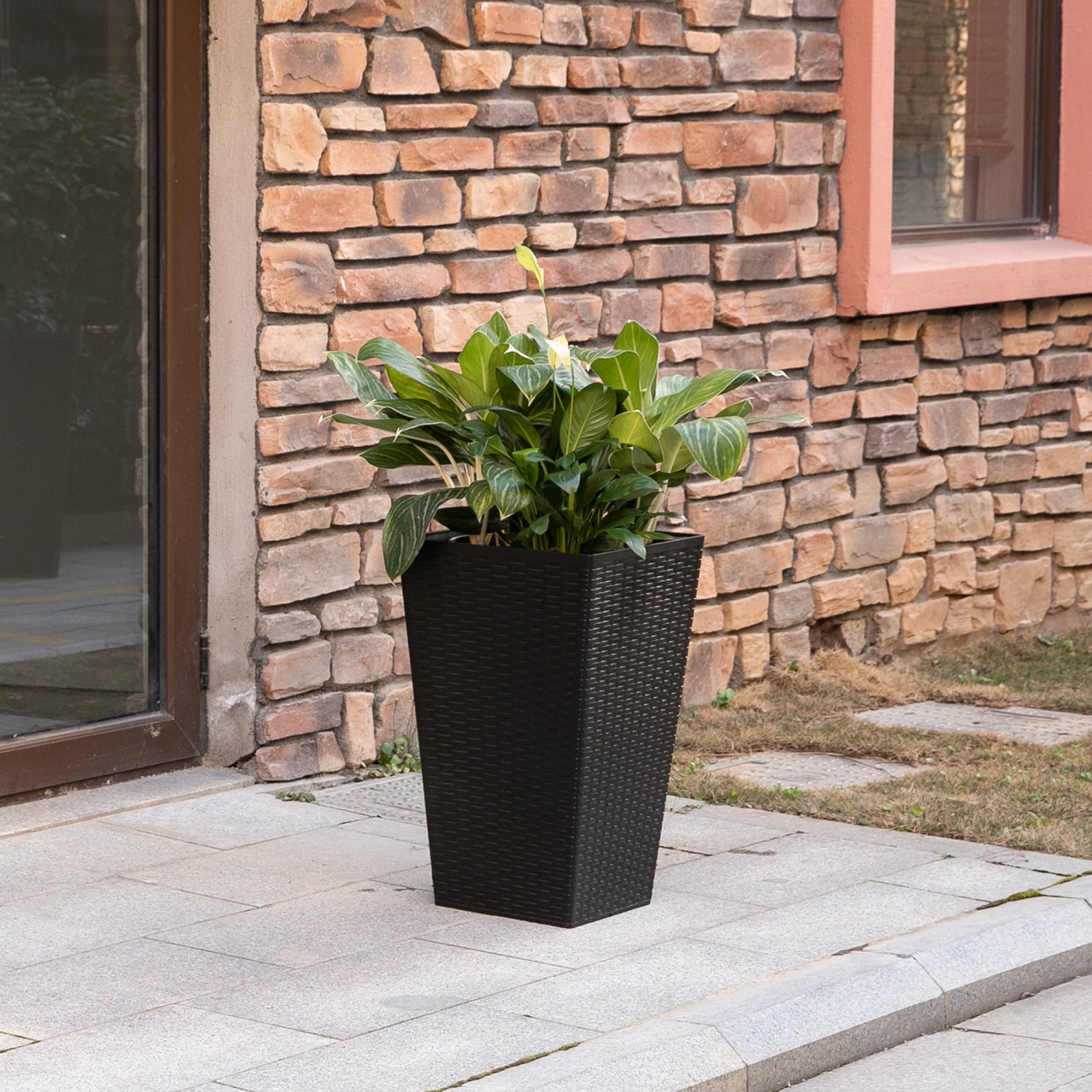 Outsunny Set of 3 Tall Planters with Drainage Hole, Outdoor Flower Plant Pots, Indoor Planters for Porch, Front Door, Entryway, Patio and Deck, Black