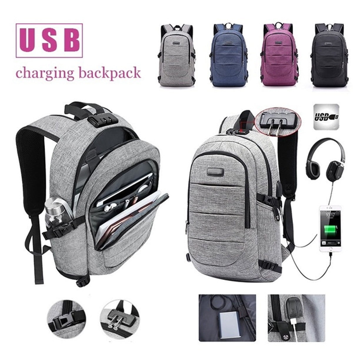 19 Inch AntiTheft Laptop Backpack Waterproof Business Backpack with USB Charging