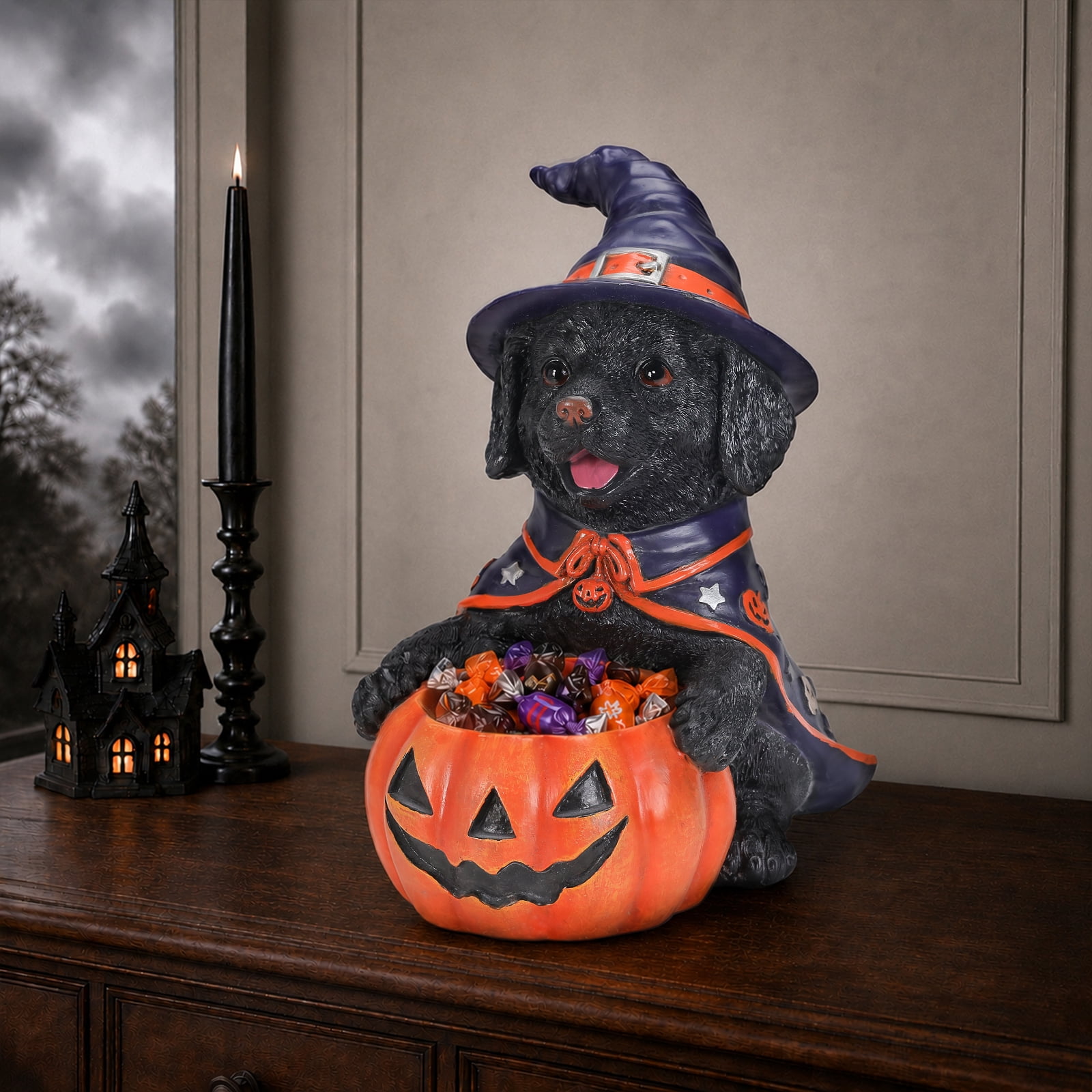 Labrador Puppy Halloween Candy Bowl with Witch Costume Pumpkin Holder Resin Tabletop Decor