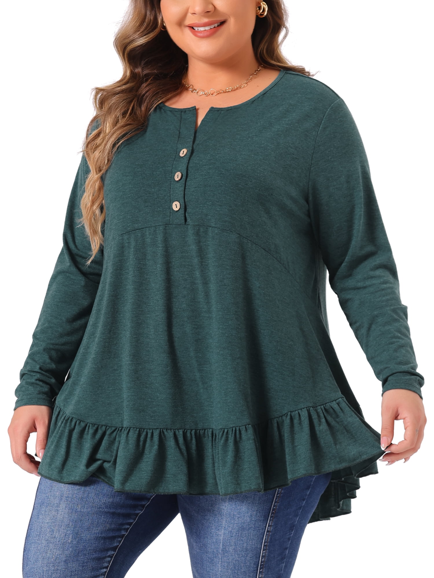 DARING DIVA Women' Plus Size Tunic Button Henley Blouses 3X Dark Green