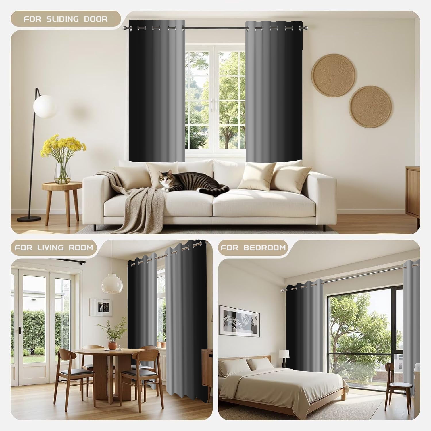 Aofoto Black Gray Gradient Blackout Curtains for Bedroom - Light Blocking & Noise Reducing Window Curtains for Living Room, 2 Panels, 52 x 84 Inch