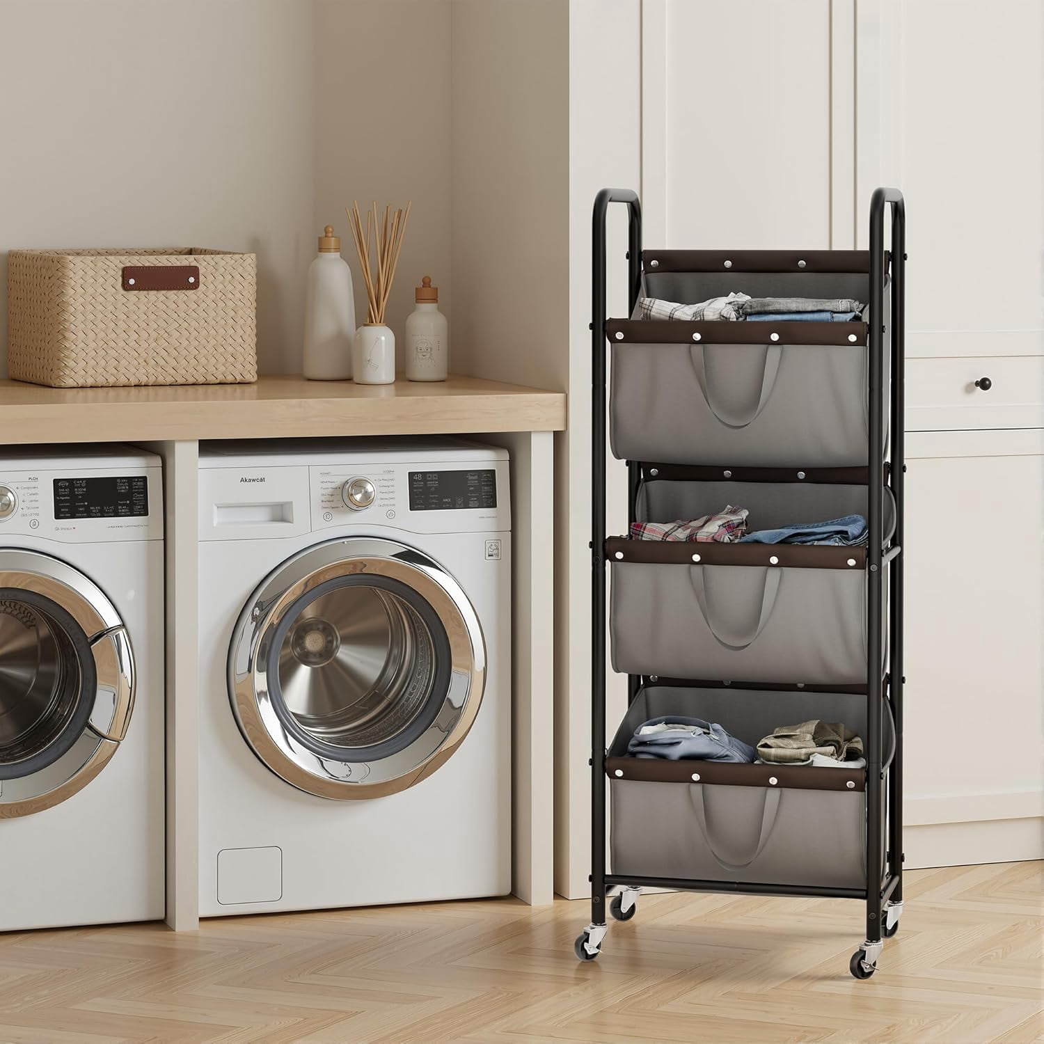 GRANNY SAYS 3 Tier Laundry Basket with Wheels, 120L Rolling Laundry Hamper Sorter, Metal Frame Laundry Organizer, 3 Bin Removable Bags, Gray