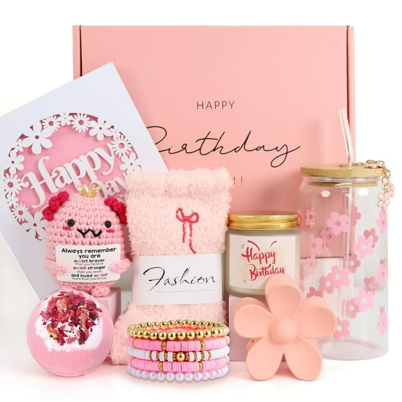 Birthday Gifts for Teen Girls, Women, Her, Unique Happy Birthday Gift Baskets for Best Friend, Daughter, Sister, Granddaughter, Cute Axolotl Crochet Ideal Gift Set 9pcs