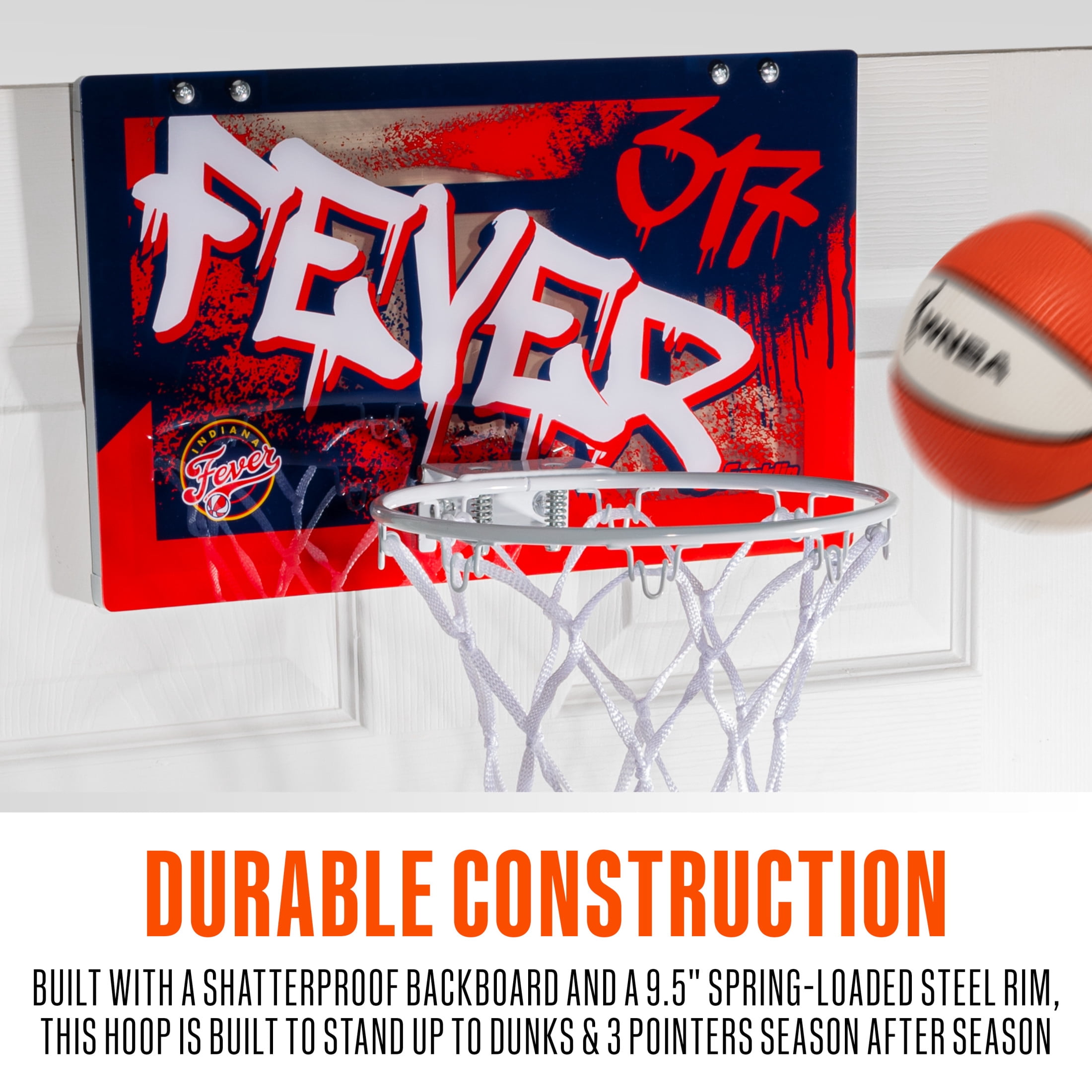 Franklin Sports WNBA Indiana Fever Over the Door Basketball Hoop - Kids Indoor Basketball Hoop with Mini Ball - WNBA Fan Shop Mini Hoop for Bedroom + Office