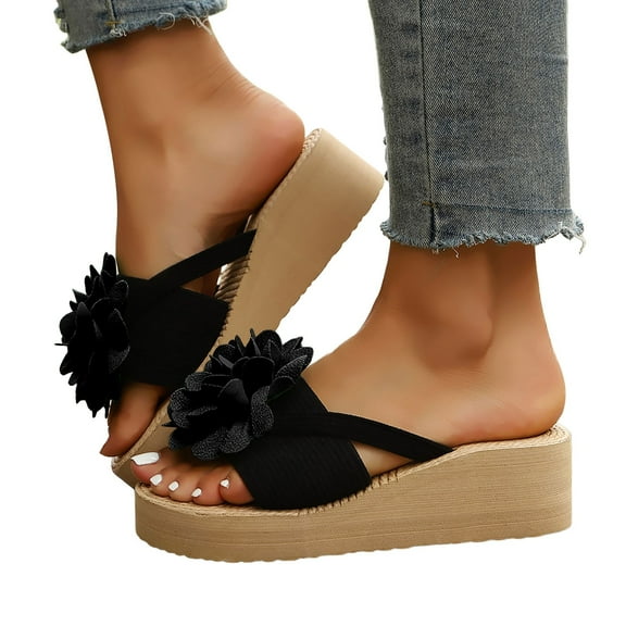 Mepaouo Platform Flip Flops for Women 2025 Flower Wedge Thong Sandals Summer Beach Slip on Slides