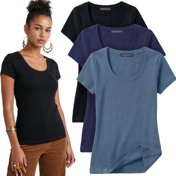 Emmalise Women's Short Sleeve Tshirt Scoop Neck Tee Value Set (3Pk, Blk, Blue Shadow, Navy, Large)