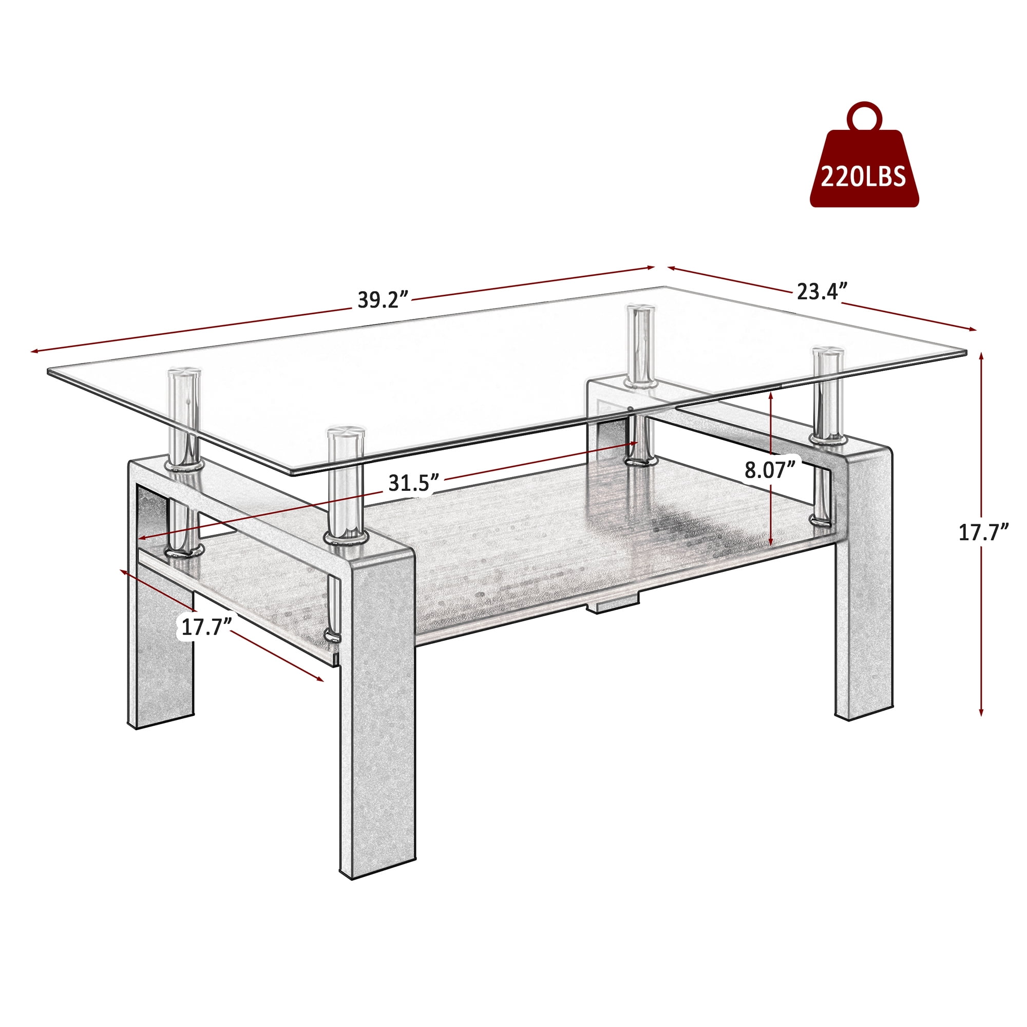 Alvantor Glass Coffee Table, 38.6" Modern Rectangle Tables with MDF Layer for Living Room Brown