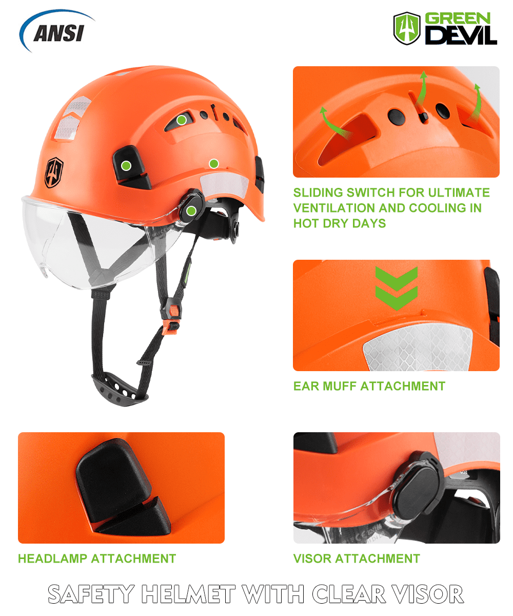 GREEN DEVIL Safety Helmet Hard Hat with Visor and Chinstrap Adjustable Lightweight Vented ABS Work Helmet for Men and Women 6-Point Suspension ANSI Z89.1 Approved Ideal for Industrial & Construction