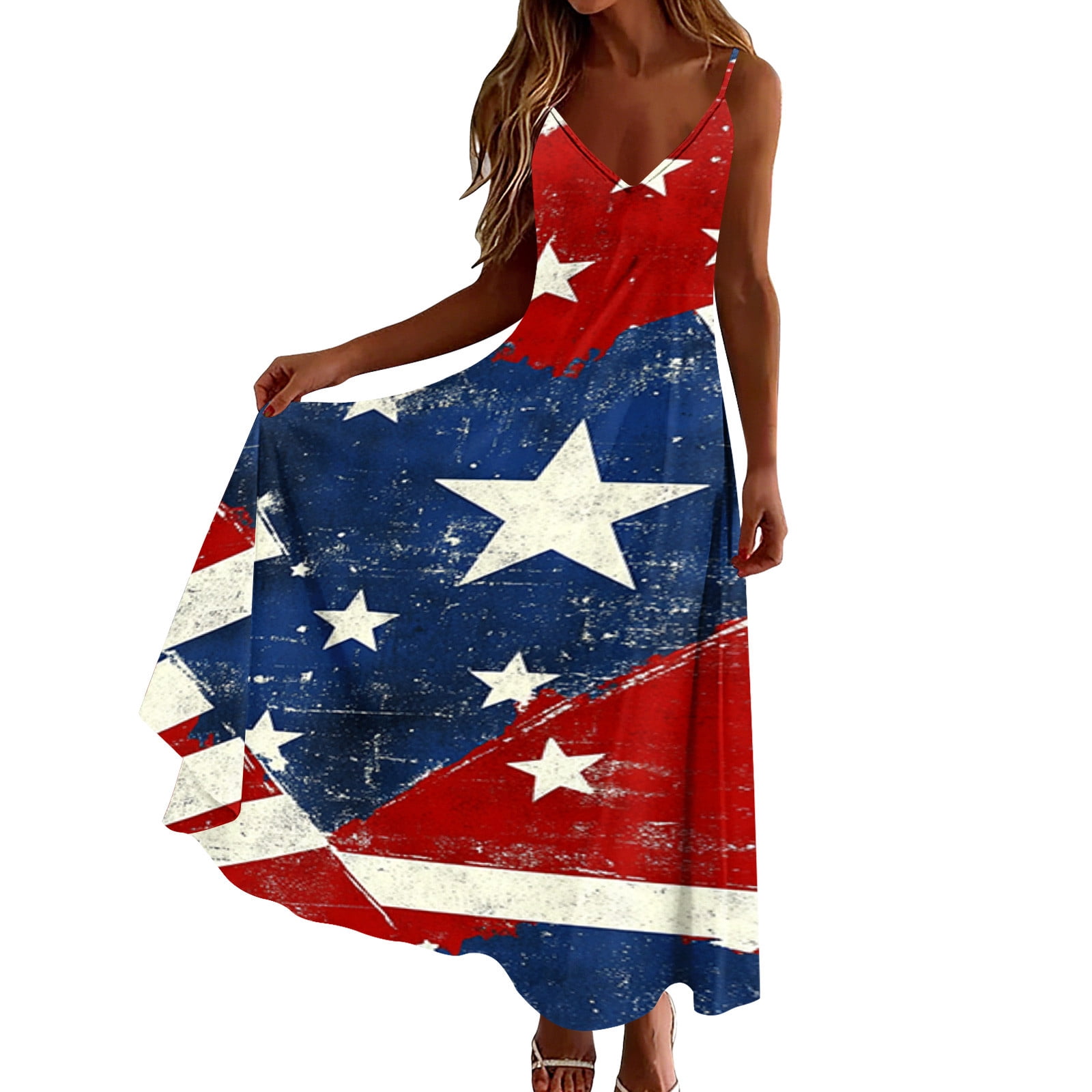 Plus Size Women 4th of July Sleeveless Dress Patriotic V Neck Maxi Dresses Spaghetti Strap Beach Long Dresses