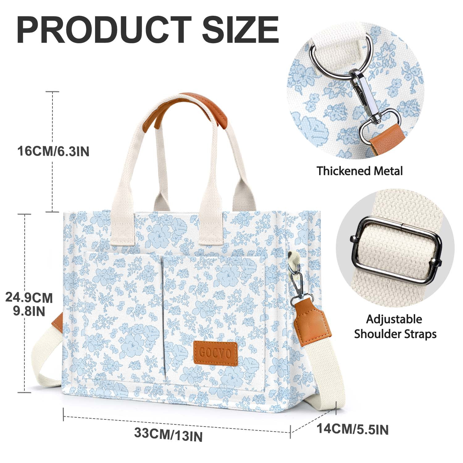 Gocvo Canvas Tote Bag for Women, Large Multi-Pocket Shoulder Handbag, Crossbody Messenger Bag, Blue Flower