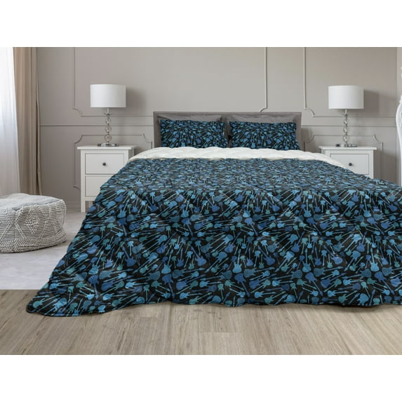 Music Comforter & Sham Bedding Set, Electric Guitars Drawing Instrument Band Jamming Hard Rock Illustration, 3 pcs Duvet Set Microfiber Filling Quilt, 5 Sizes, Teal Black Violet Blue, by Ambesonne