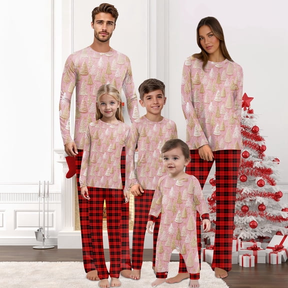 Onlypjs Matching Family Christmas Pajamas for Men, Women and Couples– Pink Holiday Tree Print Tops with Red Plaid Pants
