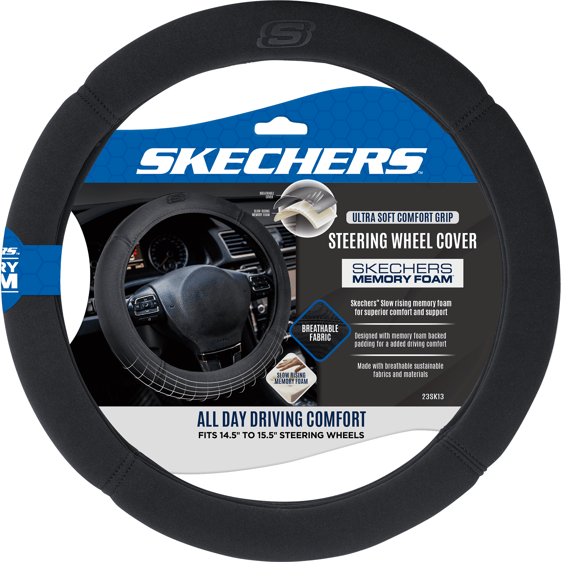 Skechers 1-Piece Car Steering Wheel Cover Memory Foam Polyester Black - Universal Fit, 23SK13