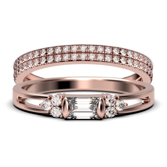 Classic Minimalist 2.00 Carat Baguette Cut Diamond Moissanite Engagement Ring, Split Shank Wedding Ring In 925 Sterling Silver With 18K Rose Gold Plating Promise Ring, Trio Rings Set