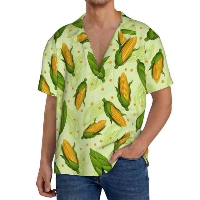 Fotbe Fresh Corn Camisa Estampada de Manga Corta para Hombre, Casual de Verano, Estilo Playero, Sin Arrugas-Small