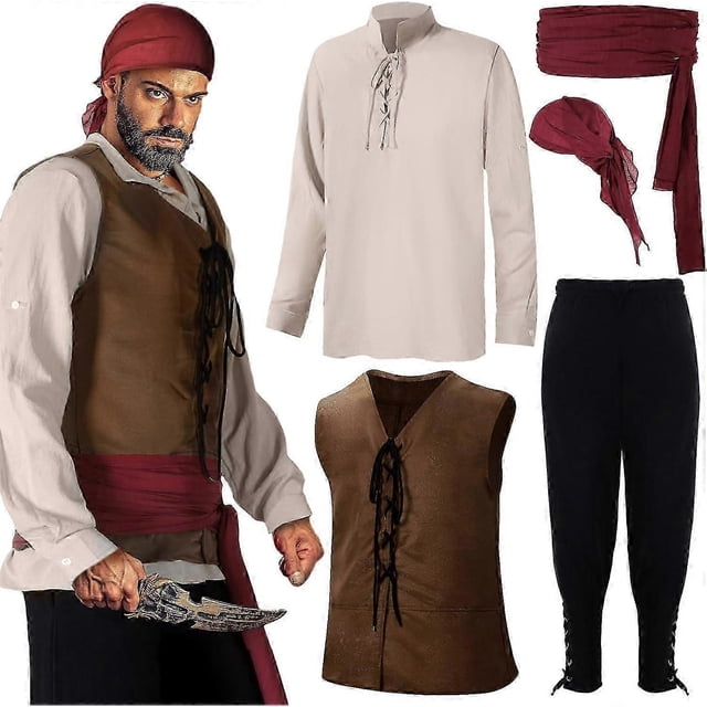 5 Pcs Mens Pirate Costume Medieval Renaissance Viking Shirt Pirate Banded Pants Bandana Belt For Halloween
