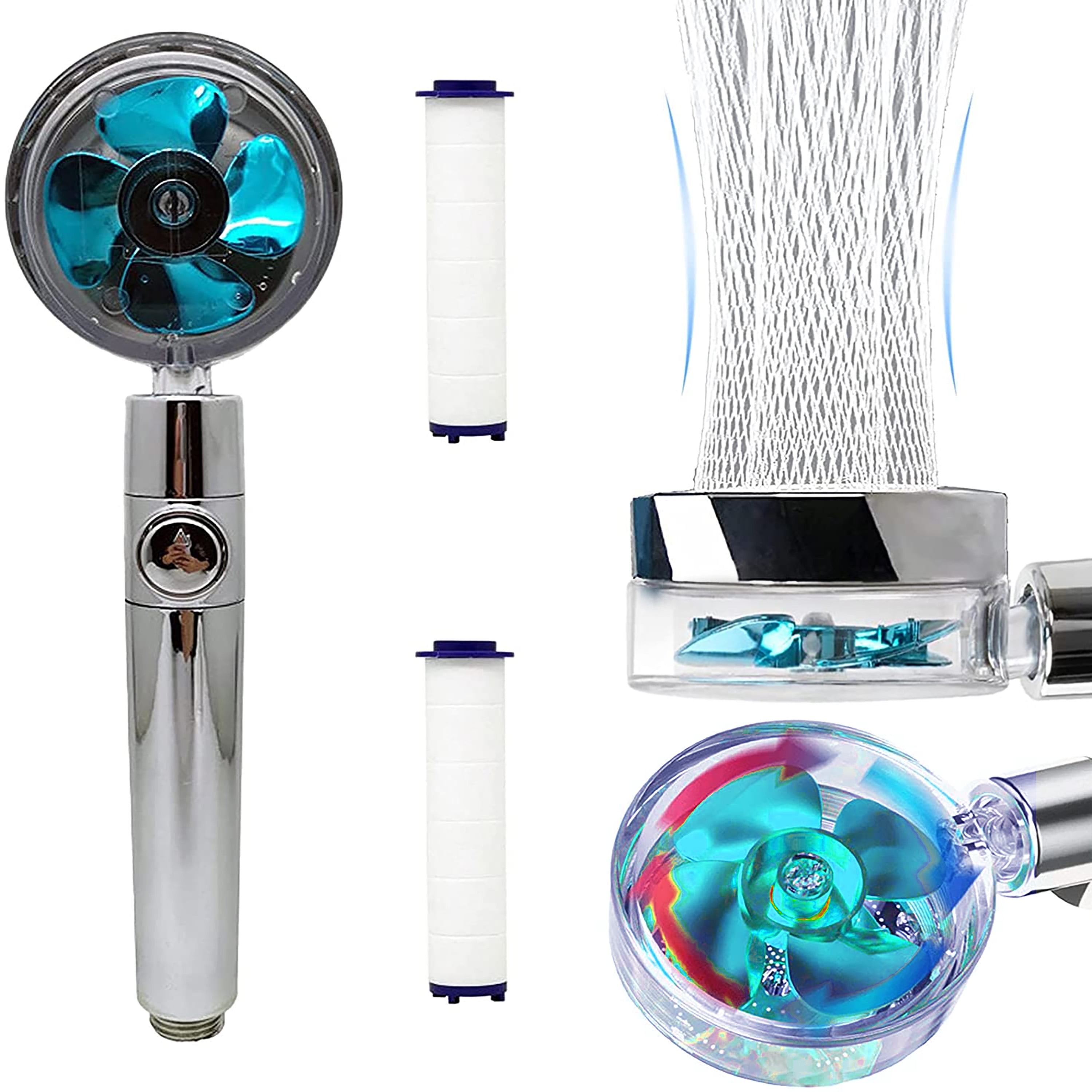 High Handheld Pressure Shower, 360 Degrees Rotating Shower Head,Turbo Fan Shower Head with Filter and Pause Switch (Blue)
