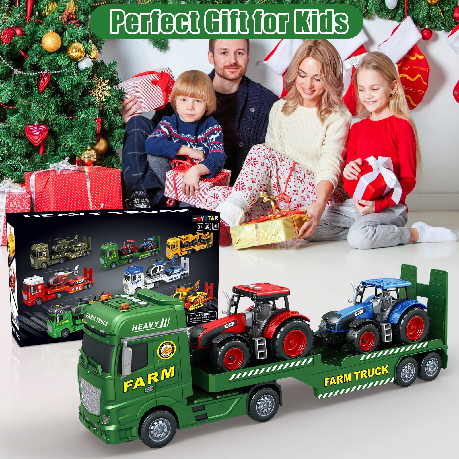 3 in 1 Large Farmer Truck Toy, 25" Semi Flatbed Truck Toy with 2 Tractors, Friction Powered Vehicles Toys with Lights and Sounds
