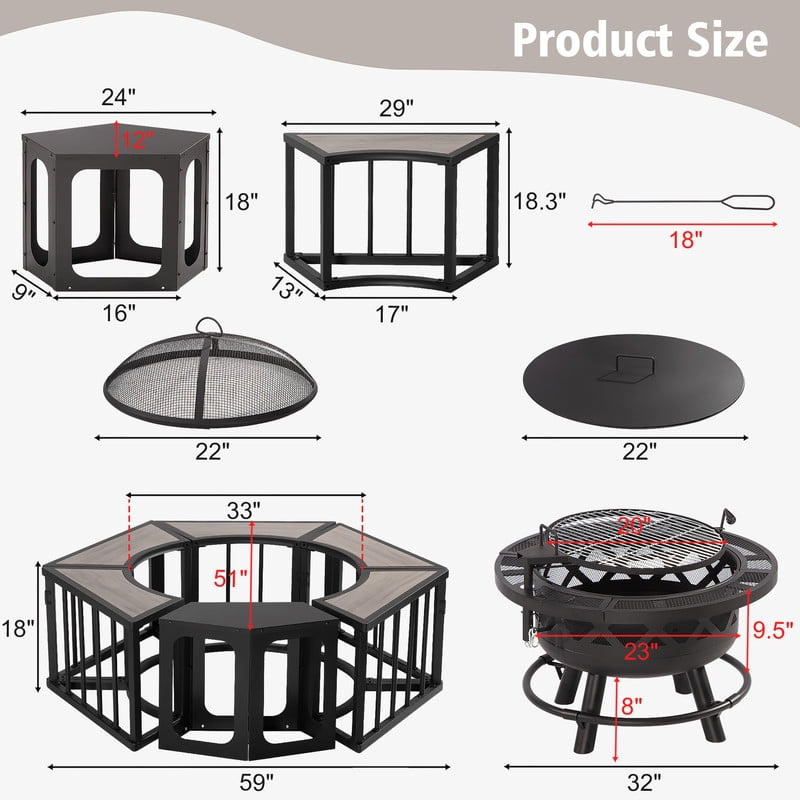 GAZEBETER 51" Fire Pit,Outdoor Wood Burning Fire Pits with Lids,Fire Poker and Metal Side Table,BBQ Fire Pits for Picnic Party,Brown