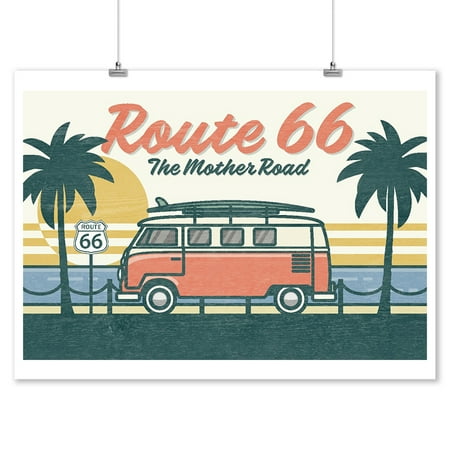 - Route 66 - The Mother Road - Camper Van Beach Scene - Lantern Press Artwork (9x12 Art Print, Wall Decor Travel Poster)