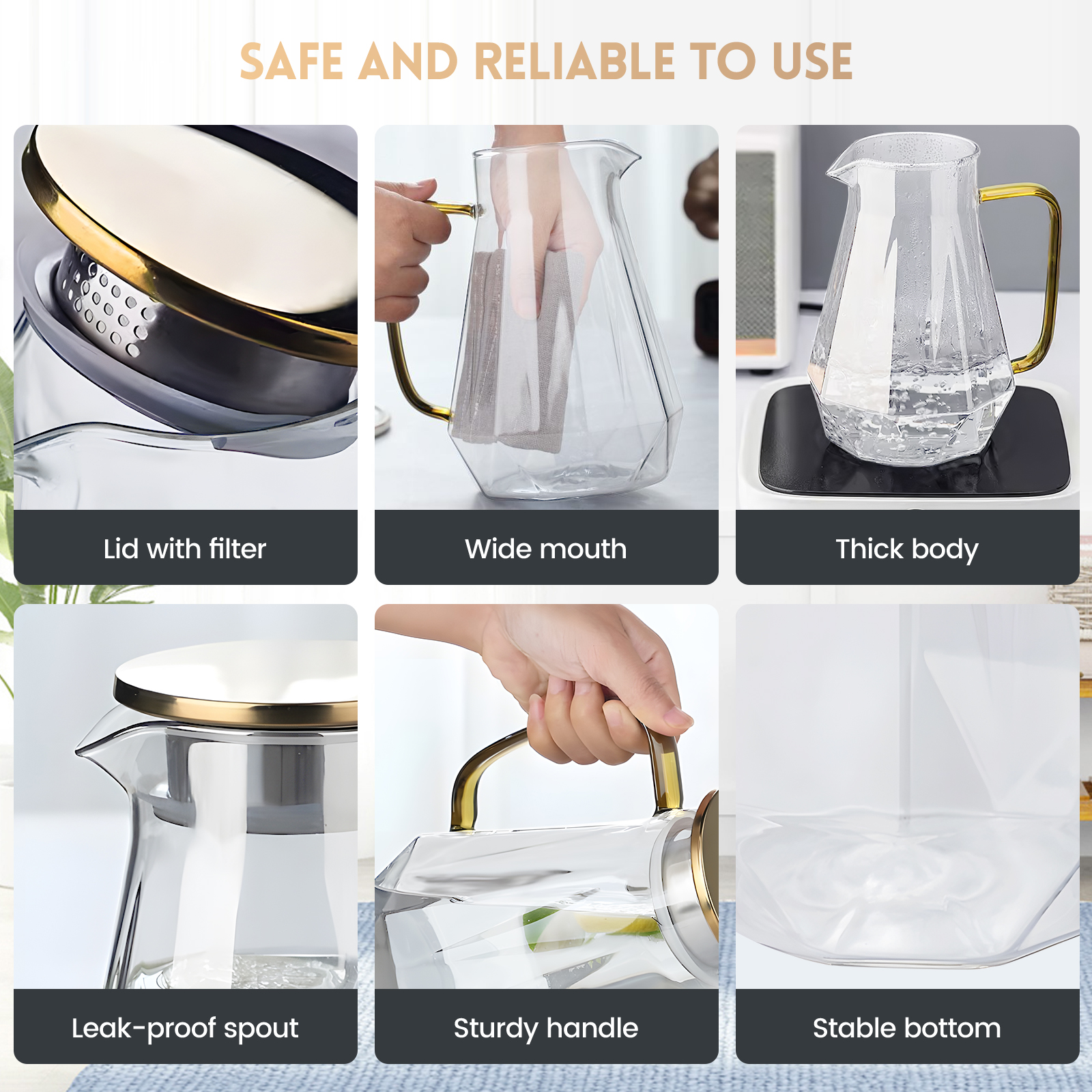 2000ml BPA-Free Water Pitcher with Gold Diamond Pattern Lid, Lead-Free Plastic Water Dispenser Safe for Dishwasher, Temperature Resistant from -4°F to 302°F (Clear)