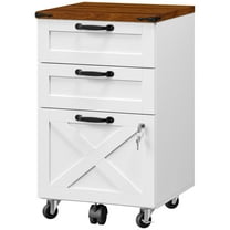 3 Drawer File Cabinet with Lock, Mobile Farmhouse Filing Cabinet for A4/Letter Size, Under Desk Rolling Office Cabinet, Printer Stand with Storage for Home Office, White and Walnut WH67WJ01