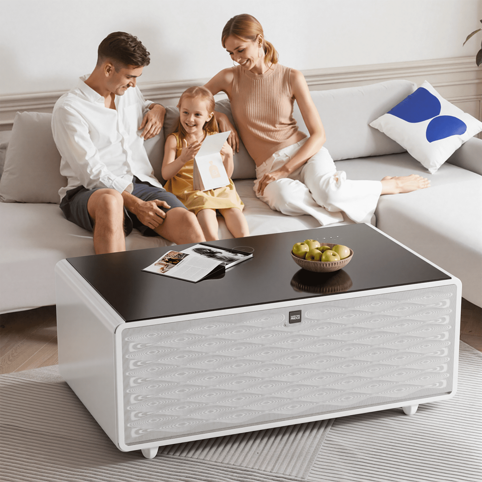Smart Coffee Table with Dual-Drawer Cooling, Freezer Function, Wireless Charging, Bluetooth Speakers & LED Lights – Perfect for Modern Living Spaces